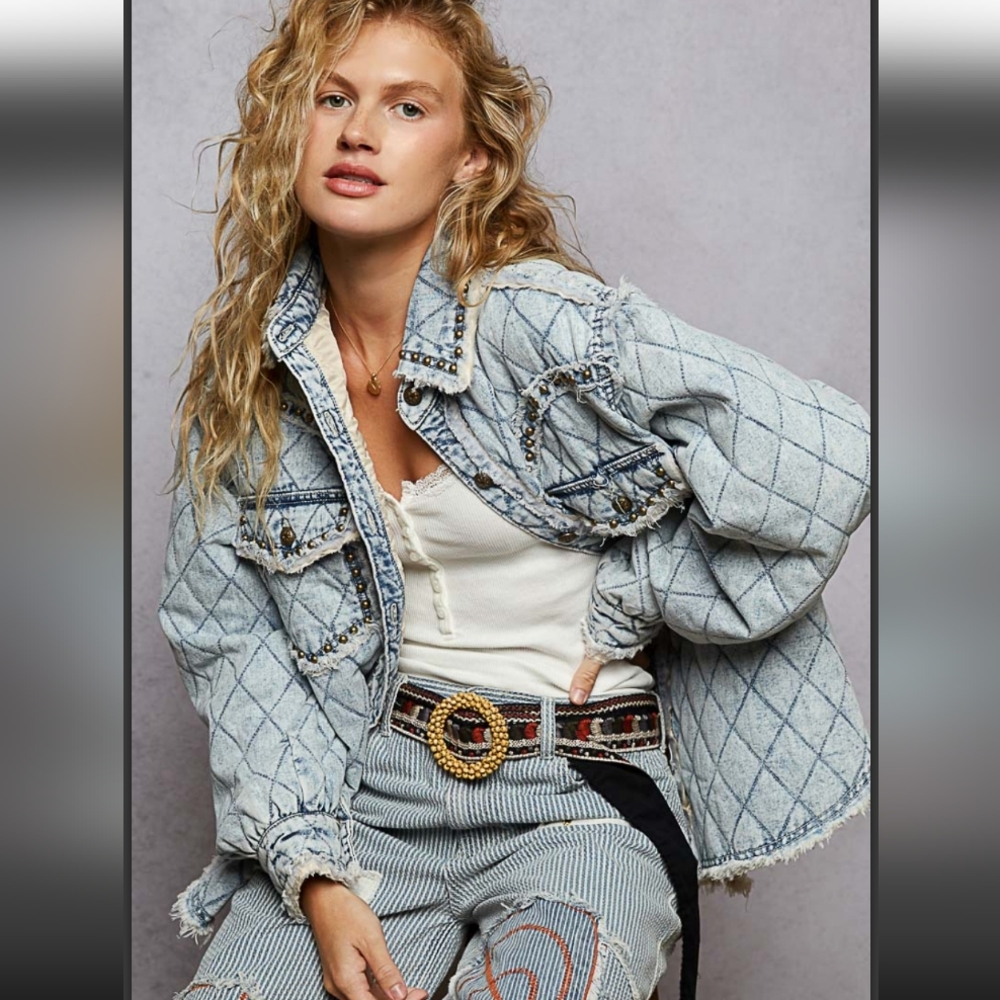 NEW! POL Blue Quilted Denim Jacket Western Inspired Studs & Eyelet Detail - Picture 4 of 16